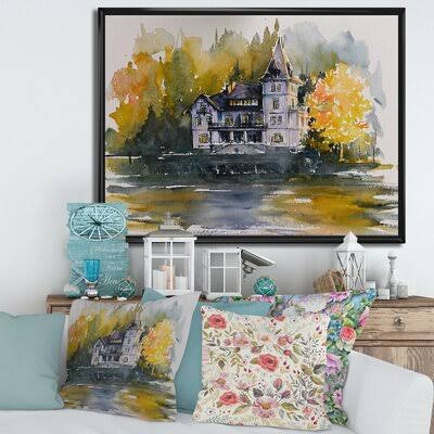 Castle by The Lake with Autumn Trees - Painting on Canvas East Urban Home Format: Black Framed Canvas, Size: 24x22 H x 32x22 W x QBN1_Q6FOK69